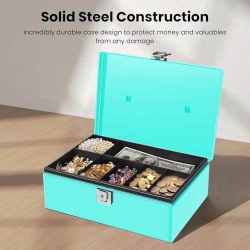 Flexzion Cash Box with Money Tray, Latch Lock, 11 x 7.7 x 3.5 Inch, Blue - color: Blue