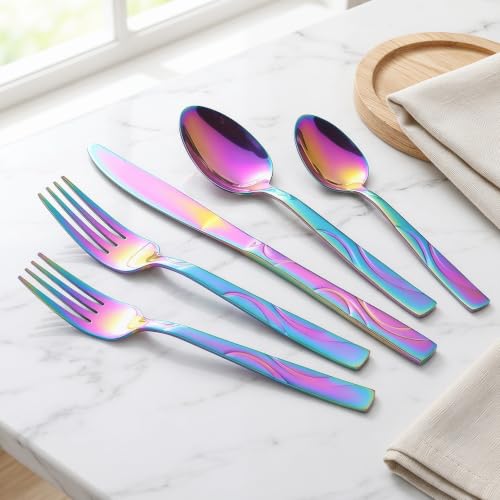 60-Piece Rainbow Silverware Set for 12, Stainless Steel Cutlery Set - color: Rainbow, size: 60-Piece