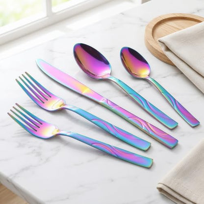 60-Piece Rainbow Silverware Set for 12, Stainless Steel Cutlery Set - color: Rainbow, size: 60-Piece
