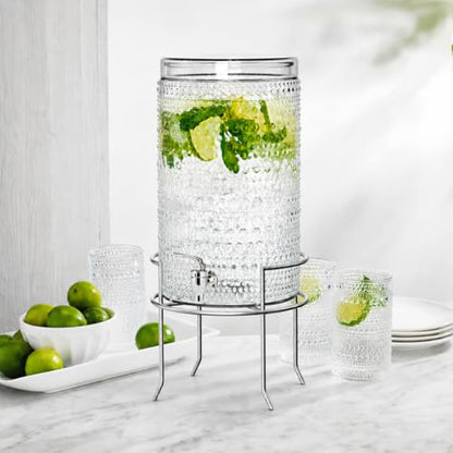2 Gallon Glass Drink Dispenser, hobnail Drink Dispensers for Parties, Beverage Dispenser with Stand and Glass Lid, 100% Leakproof Spigot, Ideal for Lemonade, Juice, - color: Hobnail Clear-2 Gallon