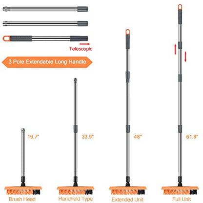 2 in 1 Floor Brush Scrubber with Long Handle Telescopic 3 Poles 61.8'' Grout Brush Scrape Stiff Bristle Cleaning Scrub Brush with Squeegee 180°Rotating Tile Brush for Cleaning Bathroom Glass Patio - color: Dark Orange Extended Pole