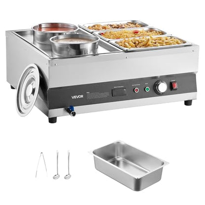 VEVOR Electric Soup Warmer, Two 6.34QT Pots & Three 1/3 Pans, Stainless Steel Commercial Food Warmer with 86~185°F Adjustable Temp, 1500W Bain Marie, Soup Station for Restaurant, Buffet - size: 2×6L Pots and 3×1/3 Pans