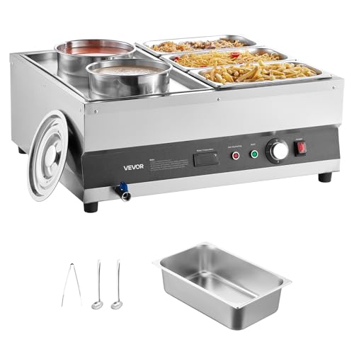 VEVOR Electric Soup Warmer, Two 6.34QT Pots & Three 1/3 Pans, Stainless Steel Commercial Food Warmer with 86~185°F Adjustable Temp, 1500W Bain Marie, Soup Station for Restaurant, Buffet - size: 2×6L Pots and 3×1/3 Pans