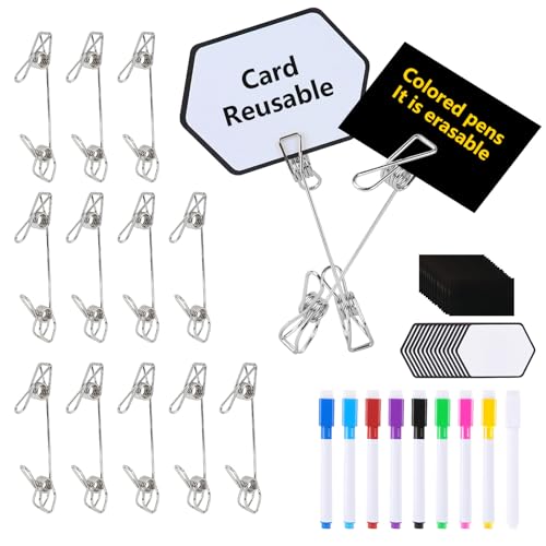12 Pcs Metal Double Sided Sign Clips, Sliver Reusable label holders clips with 9 Colored Markers & 28 Laminated Erasable Cards for Table Numbers, Retail Display, Menu, Photo-Clip-On Sign Holders (Sliver) - color: sliver