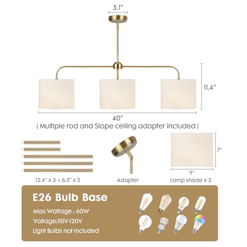 3 Light Gold Linear Chandelier with Linen Beige Drum Shades,Modern Pendant Light Fixture for Kitchen Island,Dining Room,Living Room,Mid-Century Ceiling Light Fixture,Adjustable Height Island Light - color: 3 Light-Gold