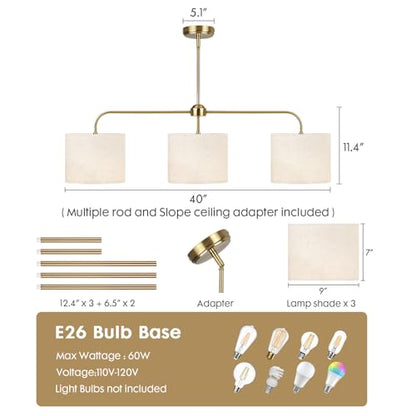 3 Light Gold Linear Chandelier with Linen Beige Drum Shades,Modern Pendant Light Fixture for Kitchen Island,Dining Room,Living Room,Mid-Century Ceiling Light Fixture,Adjustable Height Island Light - color: 3 Light-Gold
