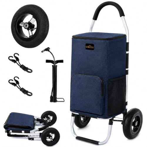 Premium Foldable Grocery Shopping Cart | Tall & Durable | Smooth-Rolling Wheels | All-Terrain (Denim Blue, 22cm Inflatble Rubber Wheels, Inflating Rubber Wheels with Insulation Bags) - color: Denim Blue, size: 22cm Inflatble Rubber Wheels