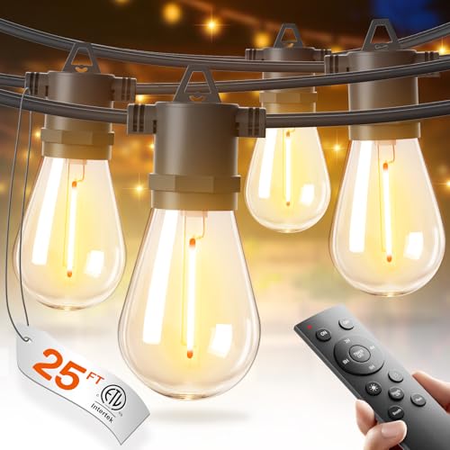 addlon 25FT LED Outdoor String Lights, Waterproof Dimmable Bulbs for Patio - size: 25FT(8 Sockets)