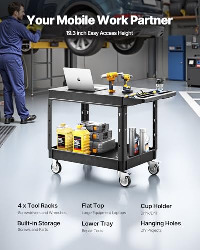 VEVOR Utility Cart, 550 lbs Load Capacity, 37 x 25.4-inch Service Cart, Two-Shelf Heavy Duty Plastic Utility Cart with 360° Swivel Wheels (2 with Brakes), Suitable for Warehouse, Garage, Cleaning - style: 550 LBS-Large