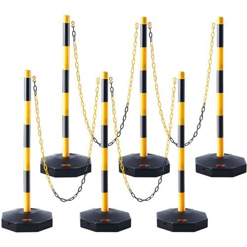 VEVOR Adjustable Traffic Delineator Post Cones, 6 Pack, Traffic Safety Delineator Barrier with Fillable Base 8FT Chain, for Traffic Control Warning Parking Lot Construction Caution Roads, Yellow&Black - color: Black & Yellow, size: 6 Pack