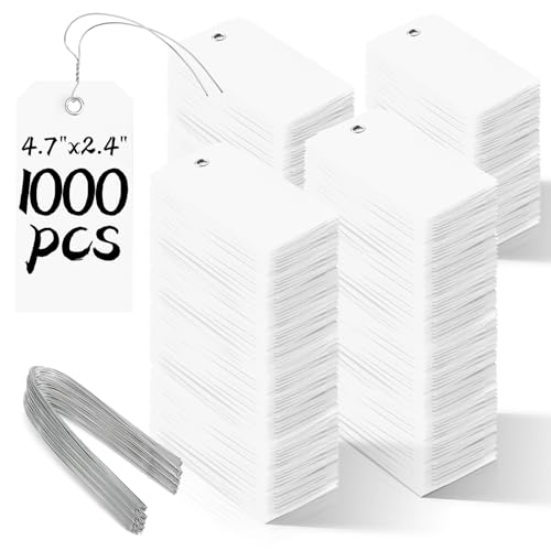 1000 Pieces Plastic Shipping Tags with Wire Labeling Tags Waterproof Hang Tags with Reinforcement Hole Writable Luggage tag Loops for Equipment Inventory Parts Garage (White, 4 3/4" x 2 3/8") - color: White
