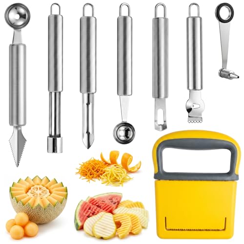 8Pcs Fruit Carving Tools Set with Crinkle Cutter,Stainless Steel Melon Baller Scoop Set,Cucumber Spiral Cutter,Apple Corer,Lemon Zester Peeler,Creative Vegetable Cutter for Fancy Platters & Salad