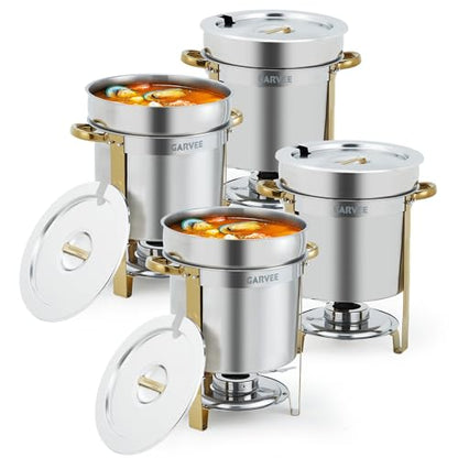 Garvee 4 Pack Round Soup Chafer, 11QT Stainless Steel Soup Warmer with Pot, Notched Lids & Fuel Holders, Commercial Food Warmer for Buffets Parties Wedding Banquets Catering, Gold - color: Gold, size: 11 QT-4 Pcs