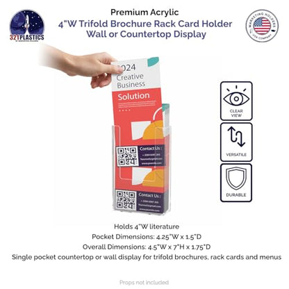 Marketing Holders 6 Pack Trifold Holder with Hanging Hardware for 4" Brochures Pamphlets Maps Menus and Rack Cards Wall Mounting Display for Printed Literature and Graphic Materials