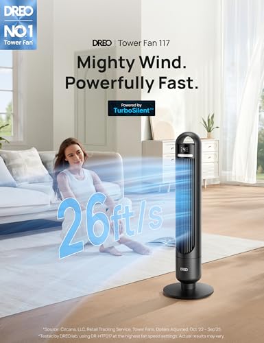 DREO Tower Fan for Bedroom, 26ft/s Velocity, 90° Oscillating, 8H Timer - color: Ebony, size: 36 inch