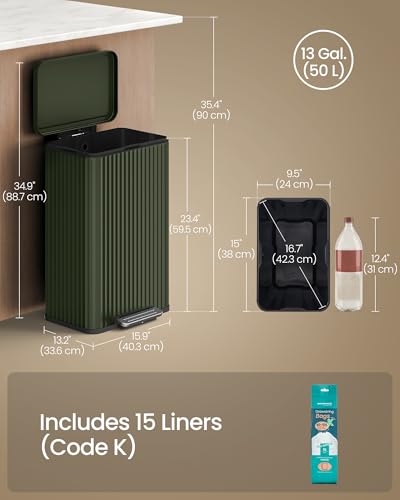 SONGMICS Trash Can, 13 Gallon (50 L), Stainless Steel, with Lid, Pedal - color: Green, size: 13 Gallon