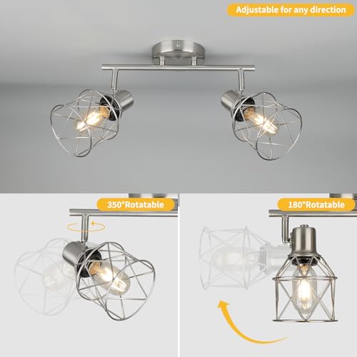 WILON Industrial Track Lighting Kit, 2 Light Modern Track Lighting Fixtures Brushed Nickel Flush Mount Ceiling Light Rotatable Light Head E26 Base Ceiling Spotlight for Kitchen Dining Room Hallway - color: Brushed Nickel, size: 2-Light-Cage