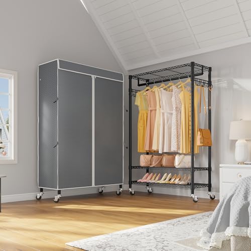 VIPEK R3C Rolling Clothes Rack with Cover Portable Closet Heavy Duty - color: ‎Black Rack with Gray Cover, size: R3C