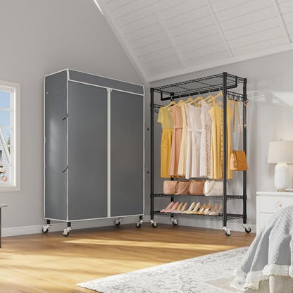VIPEK R3C Rolling Clothes Rack with Cover Portable Closet Heavy Duty - color: ‎Black Rack with Gray Cover, size: R3C