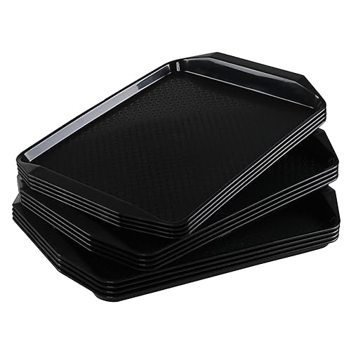 12 Packs Plastic Rectangular Tray, 16.69 x 11.69 Inches Fast Food Serving Tray, Black