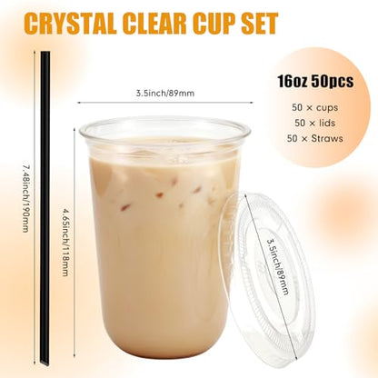 Ziliny 50 Pack 16 oz Plastic Cups with Lids Straws Iced Coffee, Black - color: Black, size: 16 oz