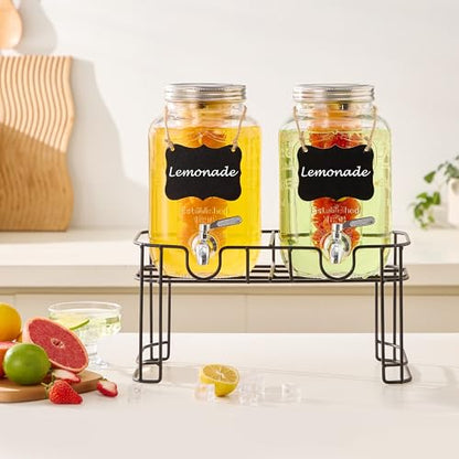 1 Gallon Glass Beverage Dispenser Set of 2 with Stand & Fruit Infuser, Stainless Steel Spigot, Beverage Dispenser for Parties, Weddings, BBQs, Lemonade, Sun Tea, Juice & Cold Drinks - size: 1 Gallon Double