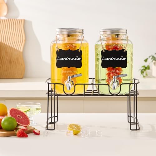 1 Gallon Glass Beverage Dispenser Set of 2 with Stand & Fruit Infuser, Stainless Steel Spigot, Beverage Dispenser for Parties, Weddings, BBQs, Lemonade, Sun Tea, Juice & Cold Drinks - size: 1 Gallon Double