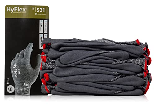 Ansell HYFLEX 11-531 Cut-Resistant Nylon Spandex Industrial Gloves w/Foam Nitrile Palm for Fabrication, Automotive - XXL (11), Grey (12 Pairs) - size: 2X-Large (Pack of 12), style: 12 Pairs