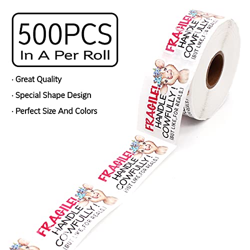 Wailozco Handle Cowfully Stickers,Funny Fragile Packaging Sticker for Mailing Envelopes Small Business Shipping Package 500 Labels Per Roll - color: Fragile Handle Cowfully