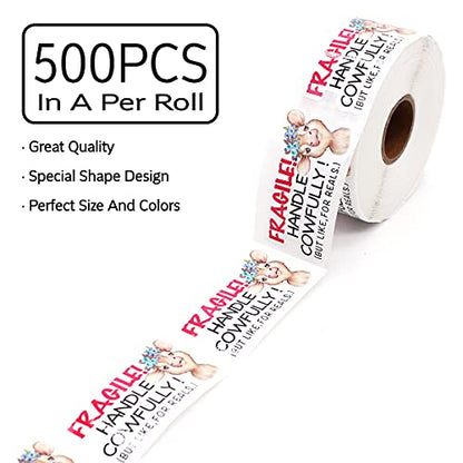 Wailozco Handle Cowfully Stickers,Funny Fragile Packaging Sticker for Mailing Envelopes Small Business Shipping Package 500 Labels Per Roll - color: Fragile Handle Cowfully