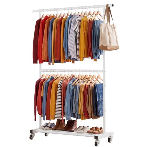 Sywhitta Double Rod Metal Clothing Rack on Wheels with Bottom Mesh,White - color: White, size: With mesh