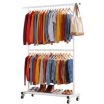 Sywhitta Double Rod Metal Clothing Rack on Wheels with Bottom Mesh,White - color: White, size: With mesh