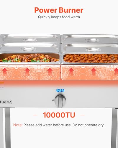 VEVOR 6-Pan Commercial Propane Steam Table, LP Gas Outdoor Soup Warmer with Drain Valve and 3" Wheels, Stainless Steel Propane Food Warmer with Adjustable Temperature, for Restaurant Outdoor Camping - size: 6×1/3 Pan;48QT