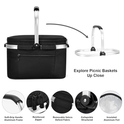 ALLCAMP Picnic Basket, 22L Insulated Cooler Foldable, Thick, Black - color: Jet Black, size: Medium