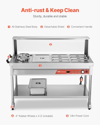 VEVOR Commercial Food Warmer, 7 Pans + 2 Pots Electric Steam Table, 1800W Professional Buffet Catering Food Warmer with Shield Undershelf Wheels, Stainless Steel Server for Party Restaurant Hotel - size: 7 Pans + 2 Pots Large