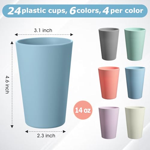 24 Pcs Unbreakable Plastic Cups Set, 14 oz Reusable Plastic Cups, Stackable Water Tumblers, Drinking Cup for Kitchen, Outdoor, BPA-free, Dishwasher Refrigerator and Microwave Safe (14 oz, 6 Colors) - color: 6-Light Multicolor, size: 14 oz