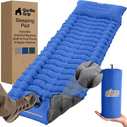 GORILLA GRIP Slip-Resistant Inflatable Sleeping Pad with Grip Dots, Foot Pump, Puncture Resistant Lightweight Camping Mattress, Air Mats Travel Backpacking, Inflating Bed Camp Sleep Pads Tent, Blue - color: Blue