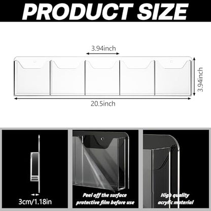 Honoson 3 Pack Wall Mount Pamphlet Holder Acrylic Brochure Holder with 5 Pockets, 4 Inch, Clear Wall Brochure Display Stand Hanging Rack for Pamphlet Flyers Booklet Menus Menu Advertise