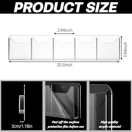 Honoson 3 Pack Wall Mount Pamphlet Holder Acrylic Brochure Holder with 5 Pockets, 4 Inch, Clear Wall Brochure Display Stand Hanging Rack for Pamphlet Flyers Booklet Menus Menu Advertise