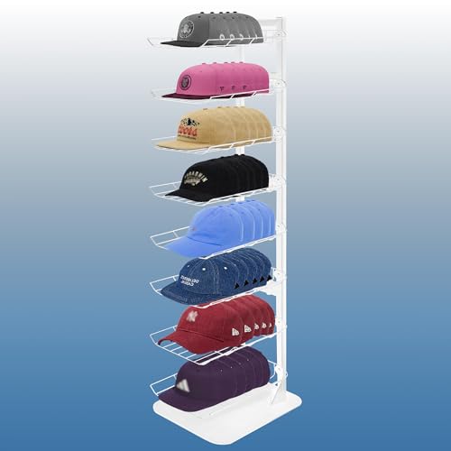 Hat Display 8 Tier, Hat Rack Stand Up to 64 Caps, Metal Hat Stands for Multiple Hats, Commercial Retail Hats Display, White - color: White