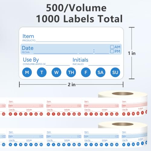 2 Rolls 1000 Pcs 1 X 2 inch Removable Food Date Sticker Labels, Easy to Write for Freezer, Refrigerator Food Containers Date Sticker, Leftover Labels (Blue-Red-Spanish-Week) - style: Blue-Red-Spanish-week