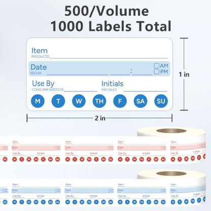 2 Rolls 1000 Pcs 1 X 2 inch Removable Food Date Sticker Labels, Easy to Write for Freezer, Refrigerator Food Containers Date Sticker, Leftover Labels (Blue-Red-Spanish-Week) - style: Blue-Red-Spanish-week