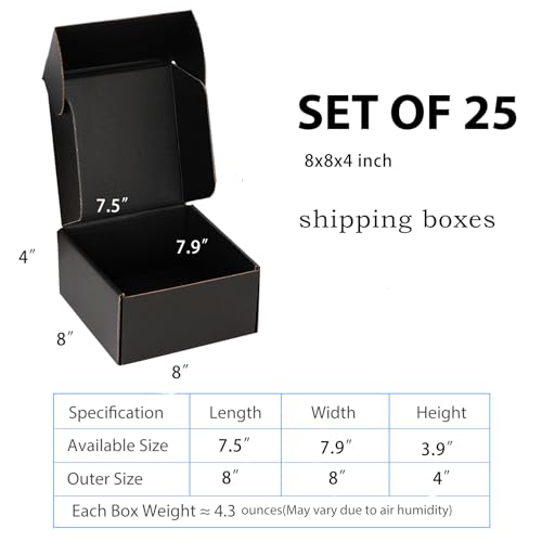 8x8x4 Black Shipping Boxes for Small Business, Packing, 25 Pack - color: Black, size: 8x8x4 inch