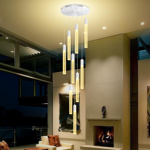9-Light Silver High Ceiling Crystal Staircase Chandelier, Modern Spiral Raindrop Crystal Column Bubble Dimmable LED Cluster Hanging Chandeliers for Foyer Living Room Entrance - color: Silver, size: 9-Light