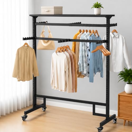 6-Arm Commercial Clothing Rack with Wheels, Adjustable Retail Display,Black