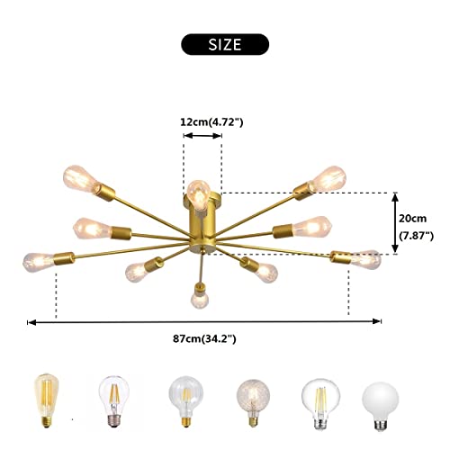 Garwarm Sputnik Ceiling Light Fixture, 10-Light Gold Semi Flush Chandelier - color: 10-Light,Gold
