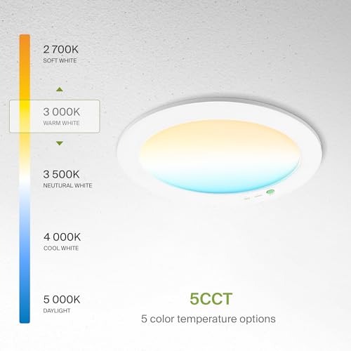 ASD 6 Inch LED Recessed Light with Emergency Backup, 90 Min Battery, 5CCT 2700K-5000K, 9W/12W/15W Selectable, Dimmable Wafer Downlight, Ultra-Thin Ceiling Light, IC Rated, ETL & ES, White, 1 Pack