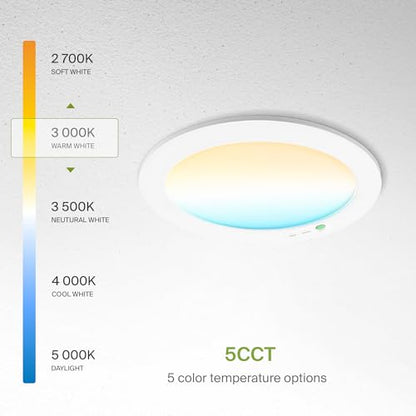 ASD 6 Inch LED Recessed Light with Emergency Backup, 90 Min Battery, 5CCT 2700K-5000K, 9W/12W/15W Selectable, Dimmable Wafer Downlight, Ultra-Thin Ceiling Light, IC Rated, ETL & ES, White, 1 Pack