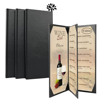4.25 x 11inches Leather Menu Holder with Strong Wood Inside, 3 Packs Leather Menu Covers 4 View Book Style Restaurant Menu Covers for Wine List Coffee Bars Hotel Restaurant（4.25” x 11”/4 views /3 pcs） - size: 4.25 x 11 inch/4 views/3 pcs