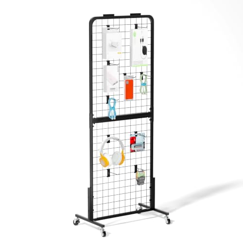 Grid Wall Panels Display Rack with Wheels & 15 Hooks for Retail Craft Show - size: 1pcs